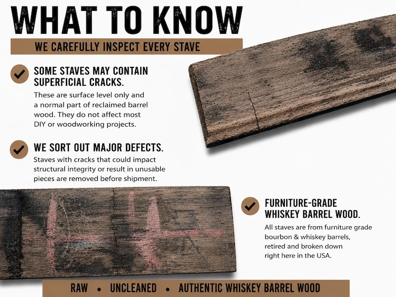 May include: Two pieces of reclaimed brown whiskey barrel wood staves with visible grain and surface cracks. Text includes WHAT TO KNOW, WE CAREFULLY INSPECT EVERY STAVE, SOME STAVES MAY CONTAIN SUPERFICIAL CRACKS, WE SORT OUT MAJOR DEFECTS, FURNITURE-GRADE WHISKEY BARREL WOOD, RAW, UNCLEANED, AUTHENTIC WHISKEY BARREL WOOD.