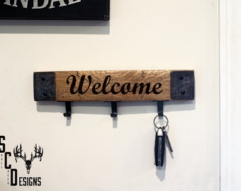 Rustic Welcome Sign Key Holder - Authentic Whiskey Barrel Stave - Laser Engraved Greeting - Wall Mounted Key Rack