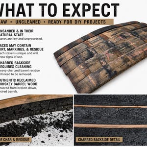 May include: Reclaimed whiskey barrel wood staves in a raw, uncleaned state. The image displays multiple wooden staves with natural markings, dirt, and residue, alongside close-up views of the charred backside with heavy black barrel residue.