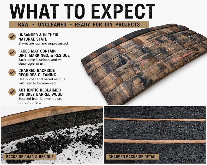 May include: Reclaimed whiskey barrel wood staves in a raw, uncleaned state. The image displays multiple wooden staves with natural markings, dirt, and residue, alongside close-up views of the charred backside with heavy black barrel residue.