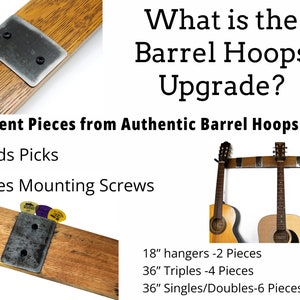 Explanation of the Barrel Hoops Upgrade for guitar hangers: authentic metal accents from barrel hoops that hold picks and conceal screws. Options available for 18" hangers, 36" triple, and 36" single/double hangers.