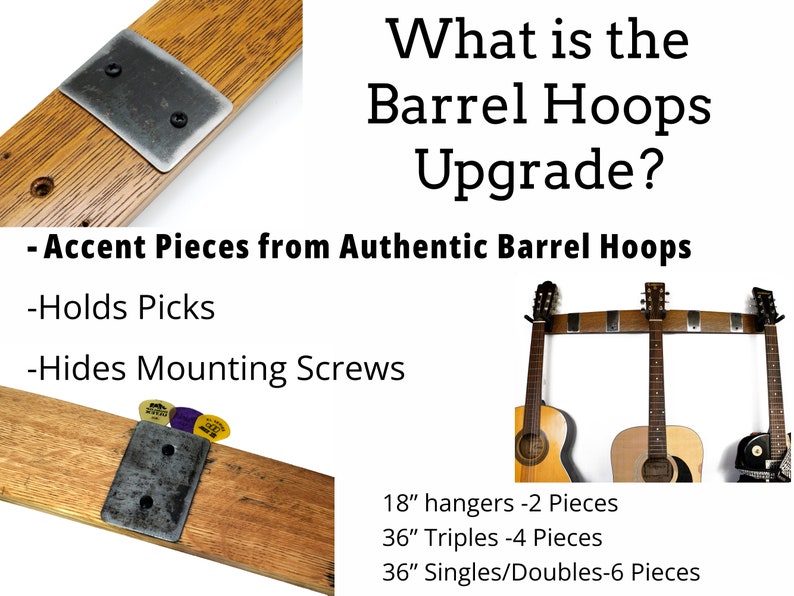 Explanation of the Barrel Hoops Upgrade for guitar hangers: authentic metal accents from barrel hoops that hold picks and conceal screws. Options available for 18" hangers, 36" triple, and 36" single/double hangers.