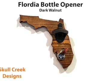 Florida State Shaped Bottle Opener - Magnetic Cap Catching - Laser Engraved Personalization - Wood Wall Mount