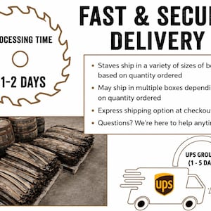 May include: A graphic featuring a circular saw blade icon with the text PROCESSING TIME 1-2 DAYS, the heading FAST & SECURE DELIVERY, and bullet points regarding shipping. Below, a photograph shows wooden barrel staves stacked on pallets.