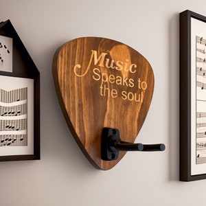 Music Speaks to the Soul Pick Hanger - Wall Mount Instrument Display - Engraved Design - Handcrafted Gift for Guitar Lovers