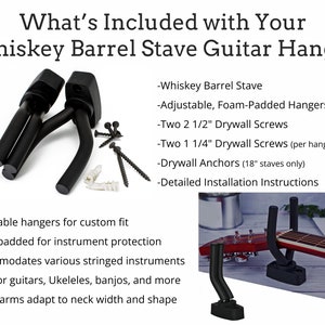 Contents of Whiskey Barrel Stave Guitar Hanger kit: two black adjustable, foam-padded hangers, drywall screws and anchors, with text noting its suitability for various stringed instruments and detailed installation instructions.