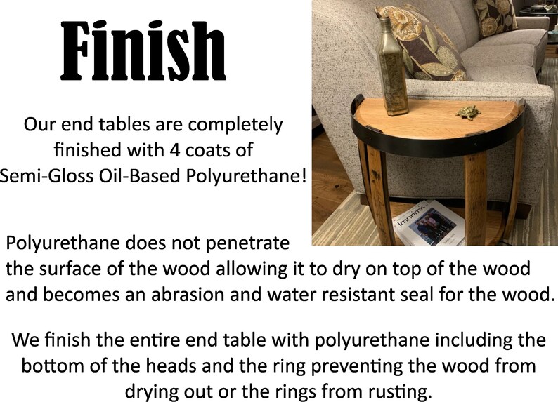 May include: A half-circle wooden side table with a black metal band. A decorative bottle and a small turtle figurine sit on the tabletop. A magazine is on the lower shelf. The table is next to a gray sofa.
