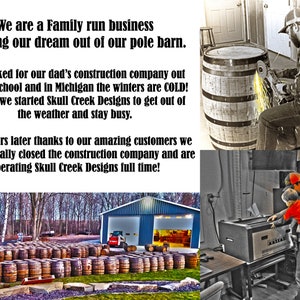 May include: A collection of wooden barrels, some stacked outdoors near a blue building with open garage doors. A person is working on a barrel with a grinder, and another is holding a child near a machine. The image shows a workshop and outdoor storage.