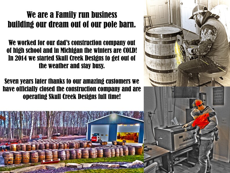 May include: A collection of wooden barrels, some stacked outdoors near a blue building with open garage doors. A person is working on a barrel with a grinder, and another is holding a child near a machine. The image shows a workshop and outdoor storage.