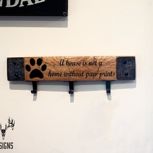 Whiskey Barrel Stave Dog Leash Hanger: Paw Print Pet Organizer