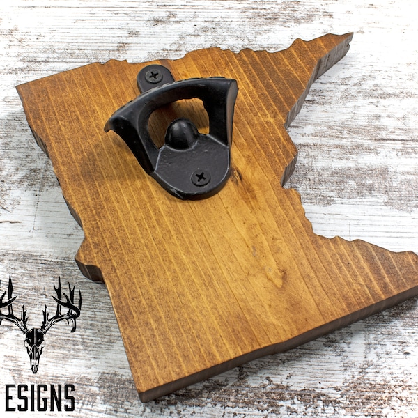 Minnesota State Shaped Bottle Opener - Magnetic Cap Catching - Laser Engraved Personalization - Wood Wall Mount