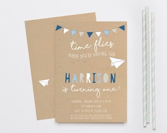 Time Flies Paper Airplane Boy Birthday Invitation, First Birthday, Bunting, Navy and White (858)