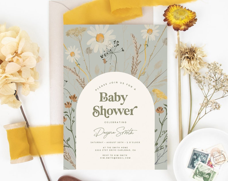 Boho Baby Shower Invitation Wildflower Daisy Modern Baby Shower Invitation Floral Baby Shower Invites Printed Invitations