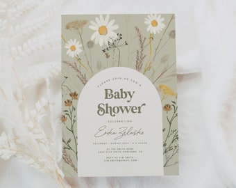 Baby Shower Invitation, Gender Neutral, Wildflower, Daisy, Baby Shower Invitation, Sage Green Baby Shower Invites, Printed Invitation (5420)