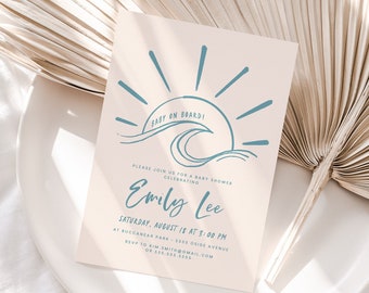 Baby on Board Baby Shower Invitation Girl Boy, Minimalist, Surf Baby Shower Invites, Beach Baby Shower, Hawaii, Printed Invitations (5429)