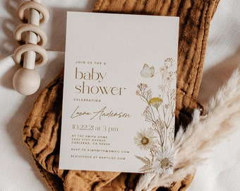 Fall Baby Shower, Boho Baby Shower Invitation, Dried Flower Baby Shower Invites, Boy Girl, Wildflower, Butterfly, Printed Invitations (5344)