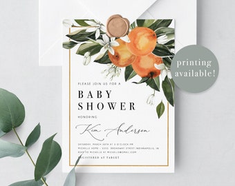 Baby Shower Invitation, Citrus Baby Shower, Orange Baby Shower, Printed Invitations, Watercolor Greenery,  Printable Invite (5107)