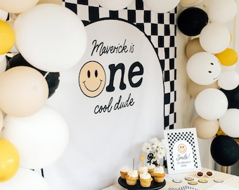 Birthday Party Backdrop Wall, Sign, Boy Birthday Decorations, First Birthday, Smiley Face, Checker, One Happy Boy, Cool Dude (5531)