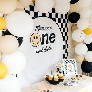 Birthday Party Backdrop Wall, Sign, Boy Birthday Decorations, First Birthday, Smiley Face, Checker, One Happy Boy, Cool Dude (5531)