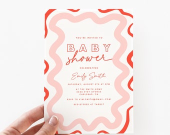 Modern Baby Shower Invitation, Pink and Red, Girl Shower Invitation, Wave Invitation, Baby Shower Invites, Printed Invitation (5608)