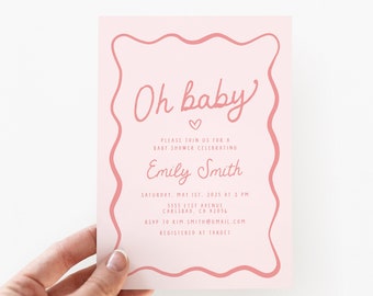 Pink Baby Shower Invitation Girl, Wavy Aesthetic Invitation, Unique Baby Shower Invites, Digital Download or Printed Invitations (5727)