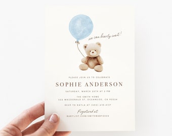 Bear Baby Shower Invitation, Teddy Bear Baby Shower Invitation, Blue, Bearly Wait, Baby Shower Invite, Printed Invitations (5518)