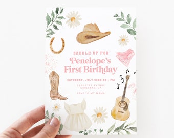 Cowgirl Birthday Invitation, First Rodeo, Wild West, First Birthday, Girl Birthday, 1st Birthday Invite, Digital or Printed Invites (5579)