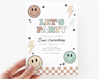 Smiley Face Birthday Invitation, One Cool Dude, Tan Checker, Happy Face, 1st Birthday, Birthday Invite, 1st Birthday (5589)