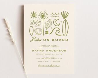 Baby on Board Baby Shower Invitation Girl Boy, Minimalist, Surf Baby Shower Invites, Beach Baby Shower, Hawaii, Printed Invitations (5756)