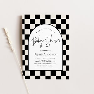 Modern Baby Shower Invitation, Arch Baby Shower Invitation, Checker, Baby Shower Ideas, Neutral, Digital Download, Baby Shower Invites 5744