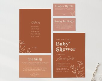 Rust Baby Shower Invitation Girl, Modern Baby Shower Invitation, Seventies, Retro, Boho Baby Shower, Printable or Printed Invitations (5236)