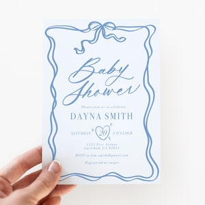 Bow Baby Shower Invitation Boy, Blue Wavy Invitation, Hand Drawn Baby Shower Invites, Modern Baby Shower, Printed Invitations (5764)