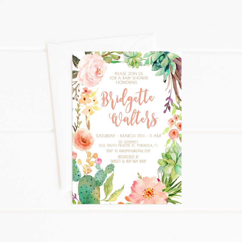 Girl Baby Shower Invitation Succulent Watercolor Flowers Etsy