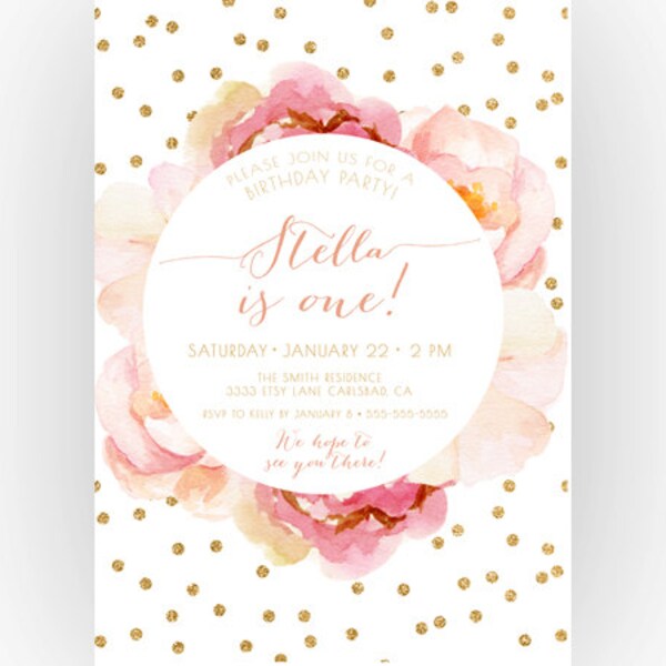 Girl Birthday Invitation, Pink and Gold, Boho, Unique, Watercolor Flower, First Birthday (323)