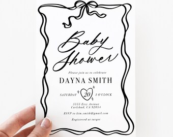 Bow Baby Shower Invitation, Wavy, Aesthetic Invitation, Hand Drawn Baby Shower Invites, Modern Baby Shower, Printed Invitations (5763)