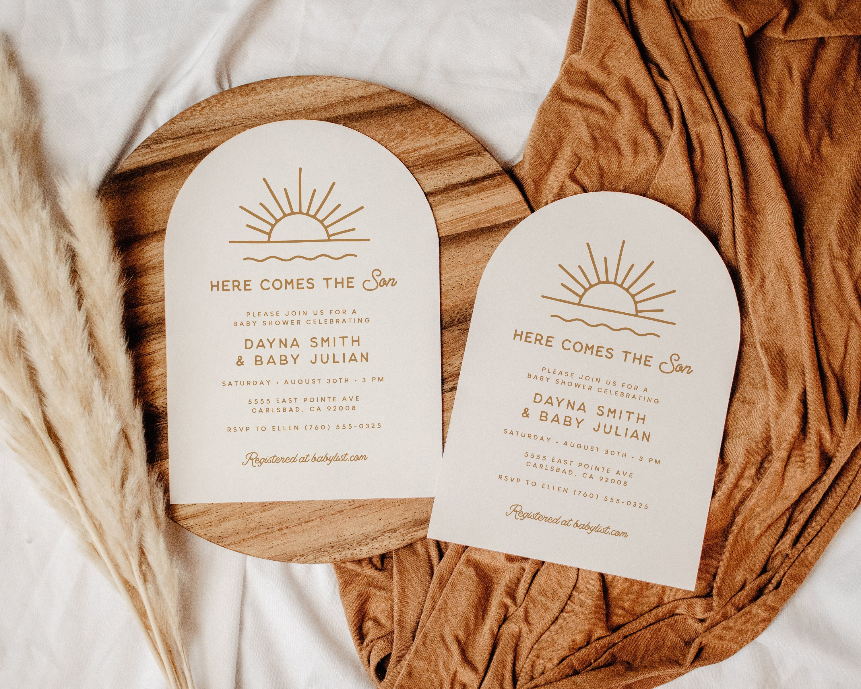 Here Comes the Son Baby Shower Invitation Boy Baby Shower Invitation Arch Invitation Arched Invitation Boho Printed Invites