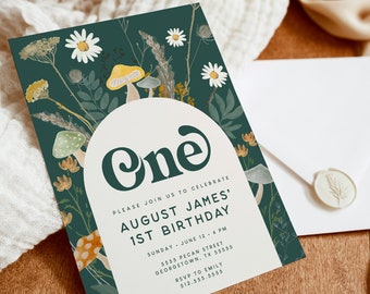 Mushroom Birthday Invitation, Mushroom Party, Wildflower, Woodland, Forest Invitation, Birthday Invites, First Second Birthday (5490)