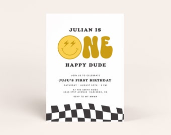 One Happy Dude, Checkered Birthday Invitation, One Cool Dude, Smiley Face, Happy Face, 1st Birthday, Birthday Invite, 1st Birthday (5569)