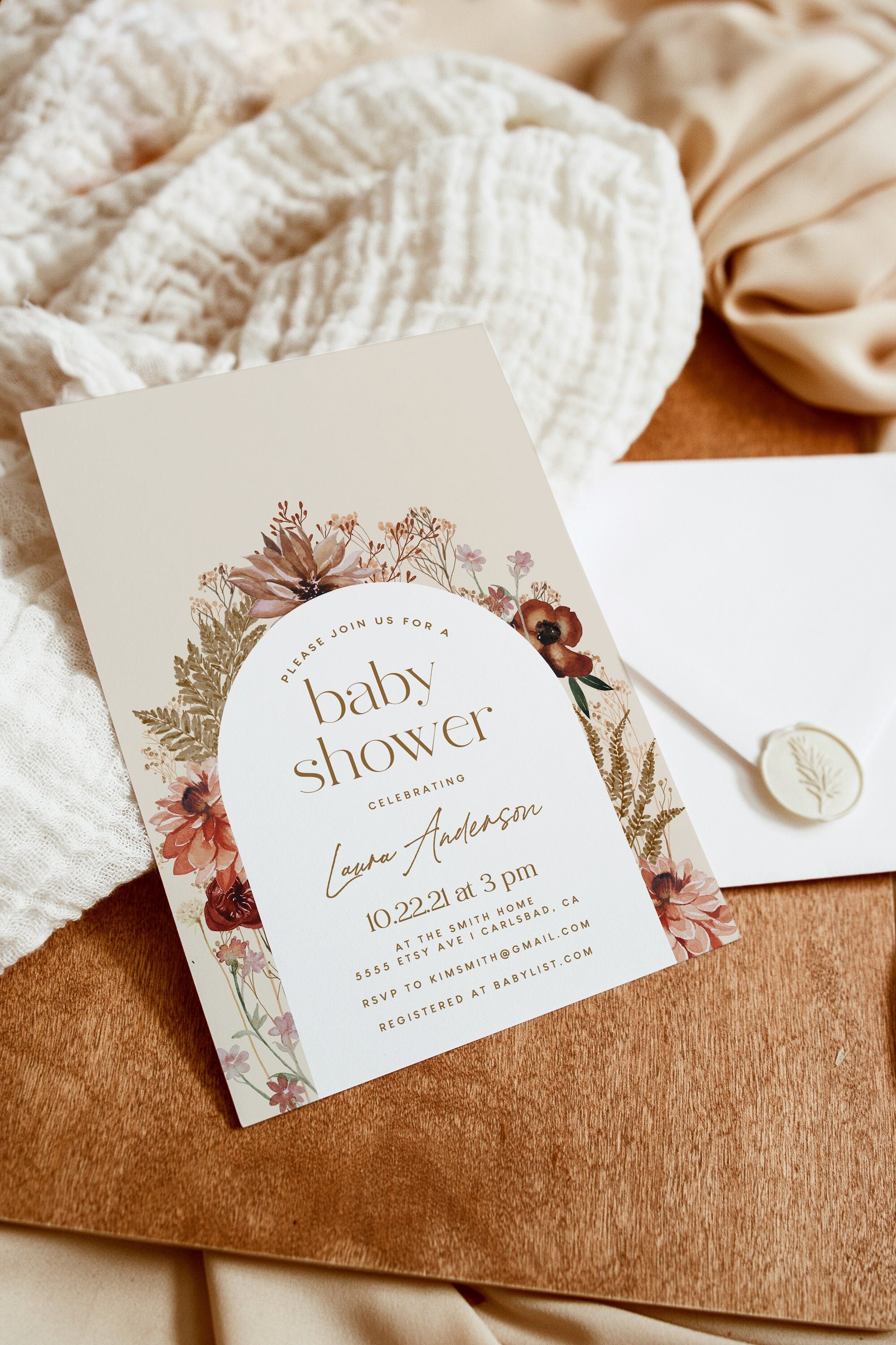 Boho Baby Shower Invitation Dried Flower Arch Invitation Baby Shower Invites Wildflower Fall Baby Shower Printed Invitations