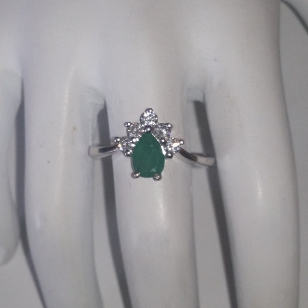 Emerald Sterling Silver Ring, Crown Ring, Emerald Halo Ring, Emerald Solitaire Ring, Engagement Ring, Promise Ring, May Birthstone Ring