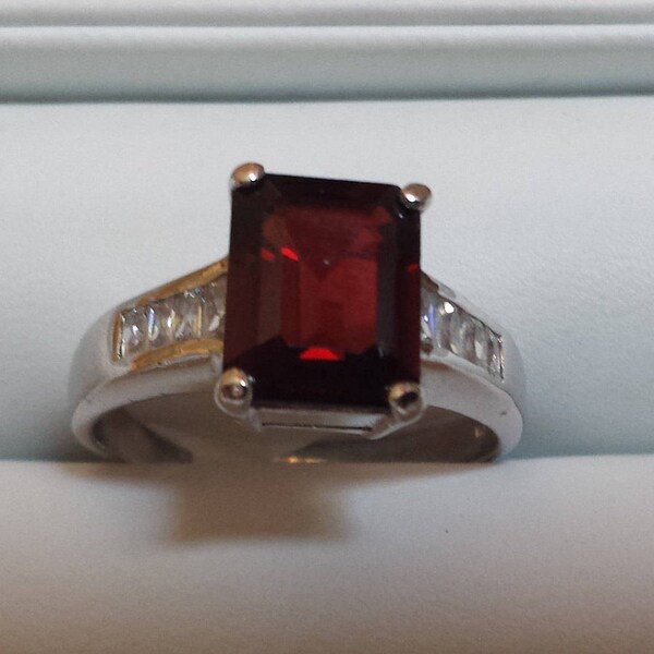 Garnet Sterling Silver Ring, Engagement Ring, Accented Ring, Rhodium Plated, Natural Gemstone, Natural Garnet Ring, January Birthstone