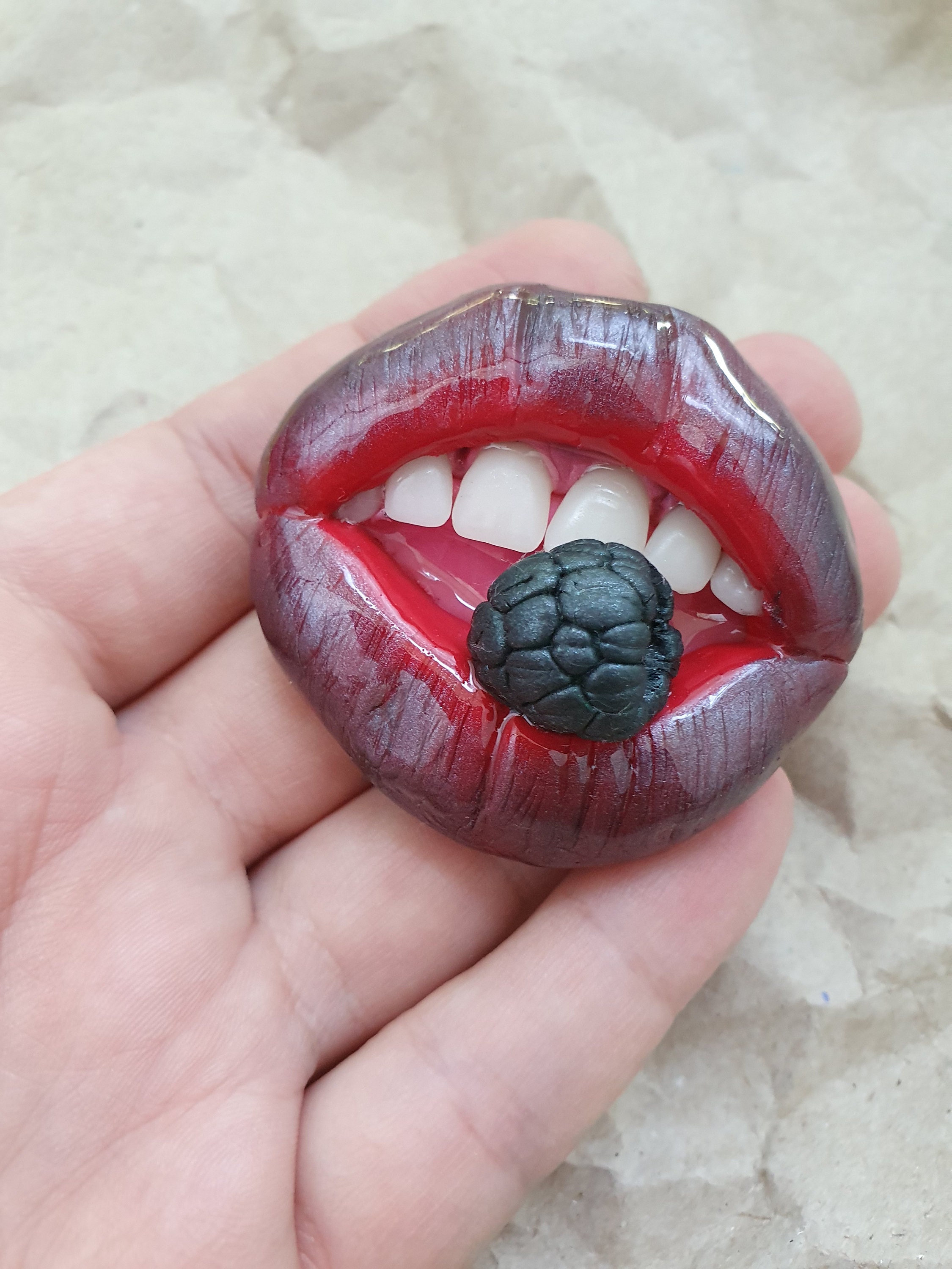 Brooch realistic lips with teeth. Handmade polymer clay Etsy