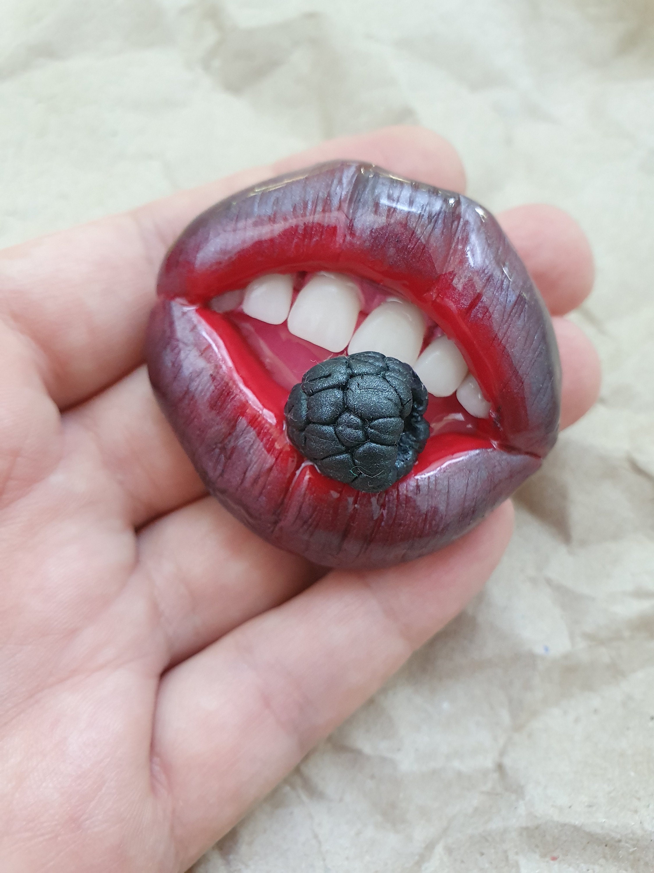 Brooch realistic lips with teeth. Handmade polymer clay Etsy