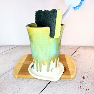 Ceramic Sponge Caddy, Ready to Ship! Notched for Sponge, in Beautiful Earthy Green, Brown and White Glaze