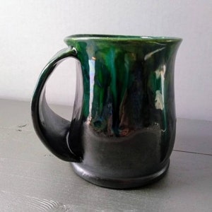 Ceramic Handwarmer/Snuggle Mug, Green and Black glazes, Glazed to Order, Right or Left-handed, Open-pocket Mug
