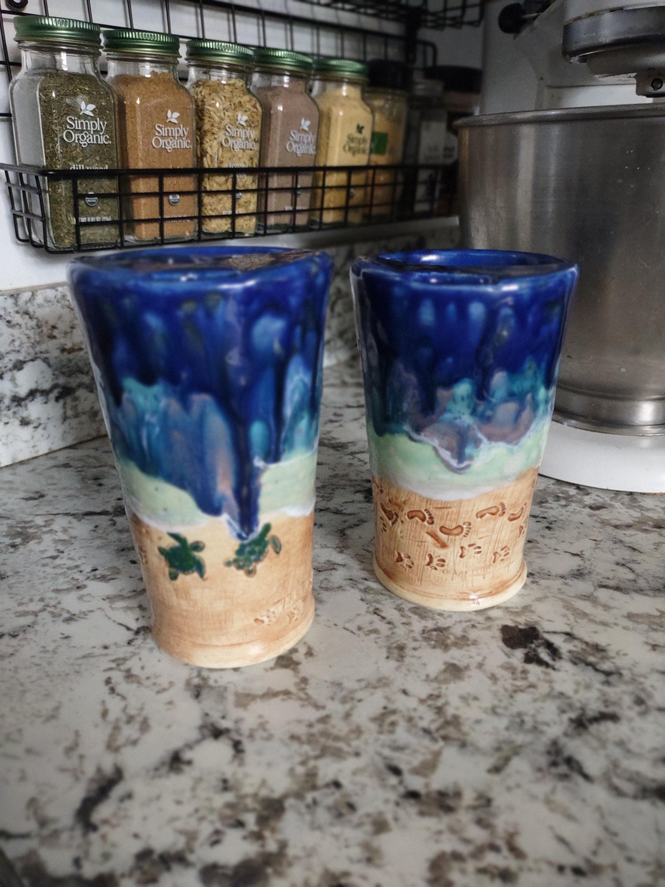 Ceramic Beach Scene with Paw Prints & Human Barefoot Prints OR with Sea Turtles Travel Cup, Pottery Travel Tumbler, Thumb Mug