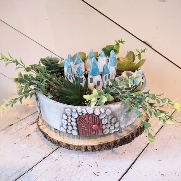 Patio Table Umbrella Planter, Ceramic Tiny Garden Village, Succulent Ring Dish Planter w/Drainage, Rustic Cottagecore, Fairy, Gnome Houses