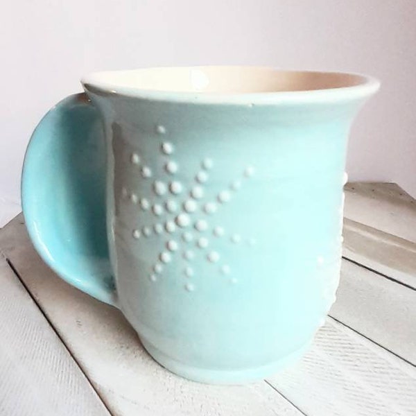 Ceramic Handwarmer/Snuggle Mug... raised White Snowflake on Sky Blue. Glazed to Order, Double-handed, Open-Pocket Mug