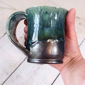 Ceramic Hand-warmer Mug, Handmade & Glazed to Order, Right or Left-handed Blue and Metallic Black Glaze