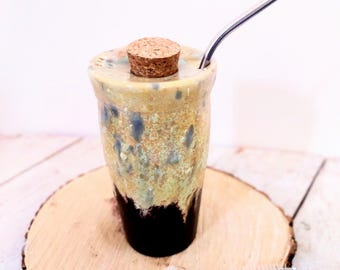 Ceramic Travel Cup w/Cork, Metal Straw & Cleaning Brush. Glazed to order 14oz. Pottery Travel Tumbler, Pottery Travel Mug, Dimpled Thumb Mug